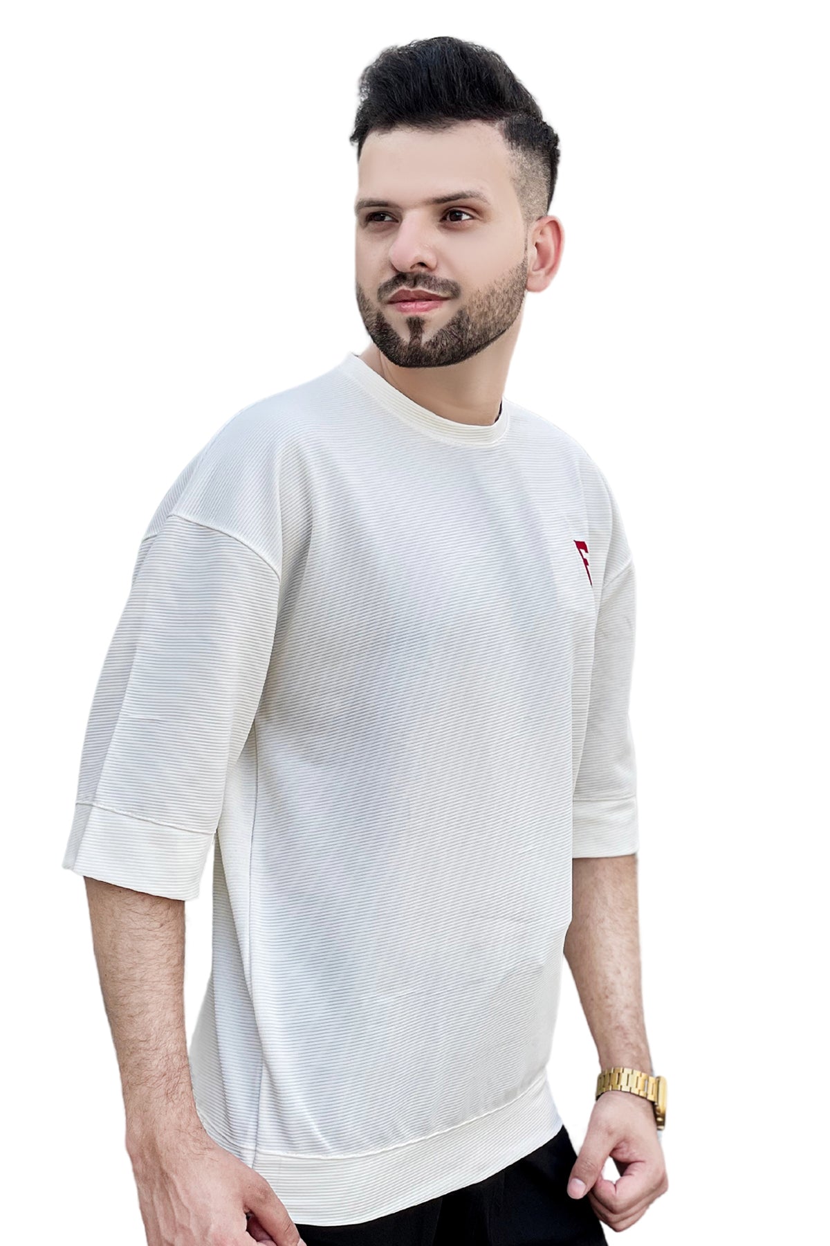 White lining Fabric Down Shoulder Tshirt