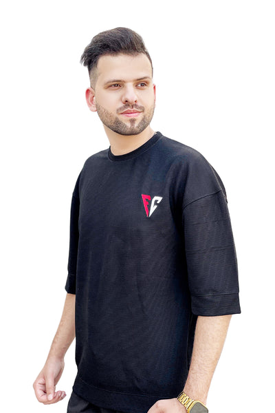 Black lining Fabric Down Shoulder Tshirt