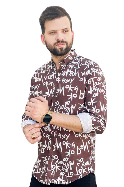 Dark brown text printed full sleeve shirt