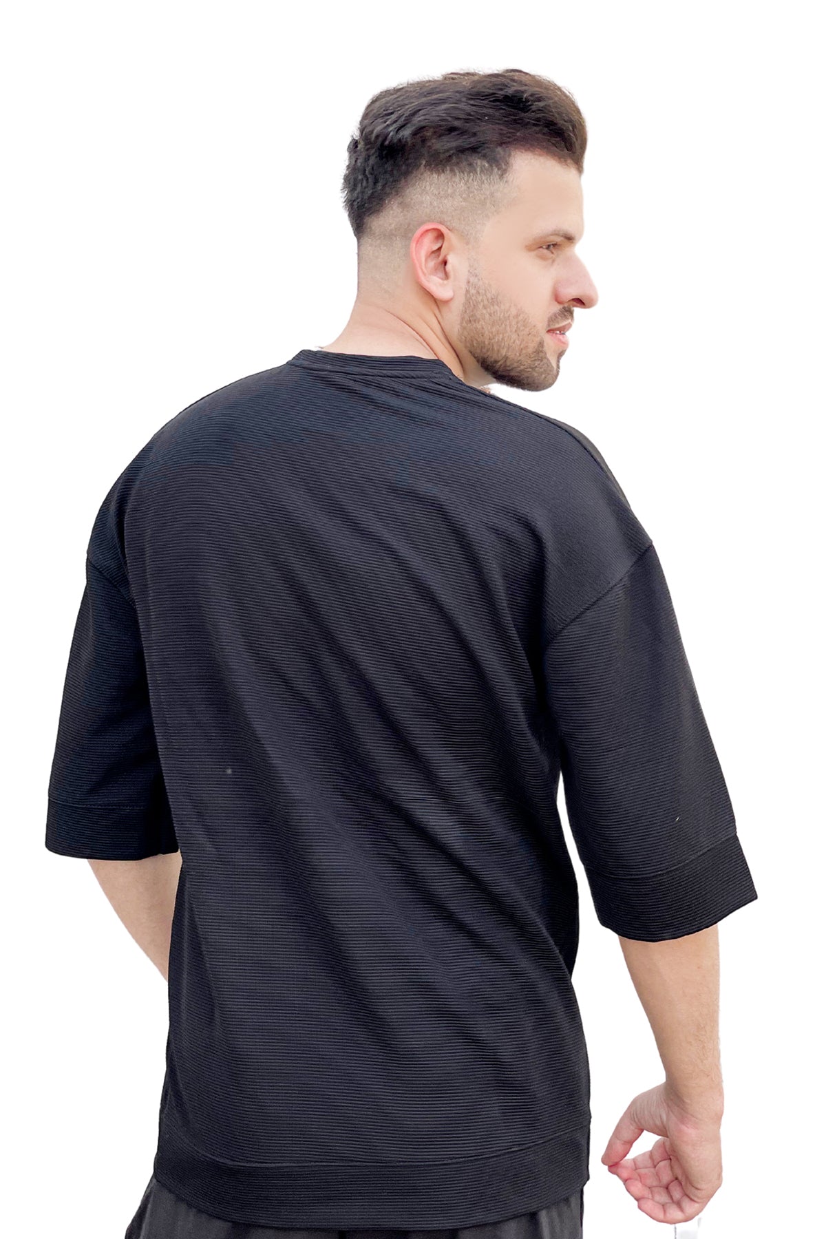 Black lining Fabric Down Shoulder Tshirt