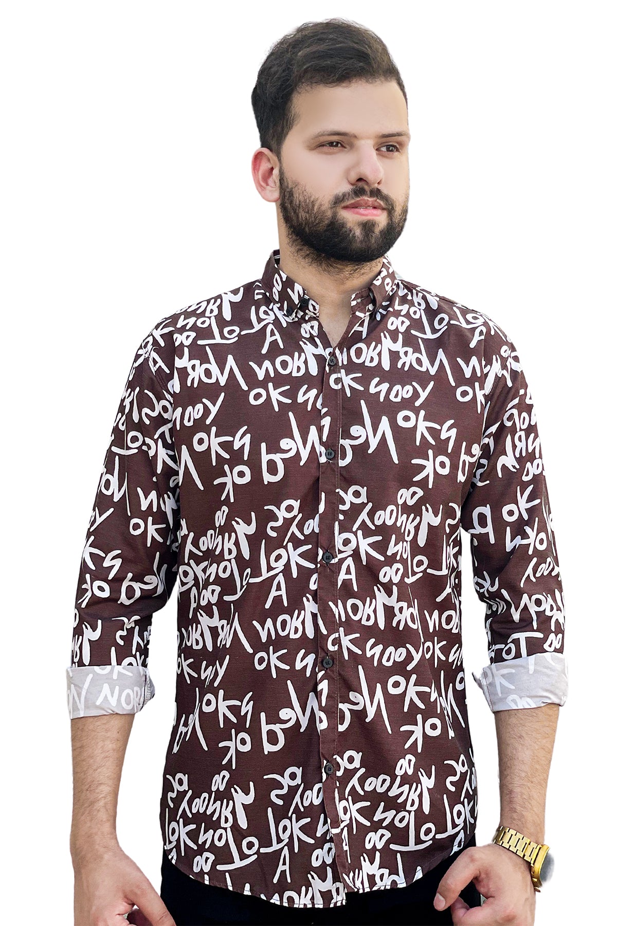 Dark brown text printed full sleeve shirt