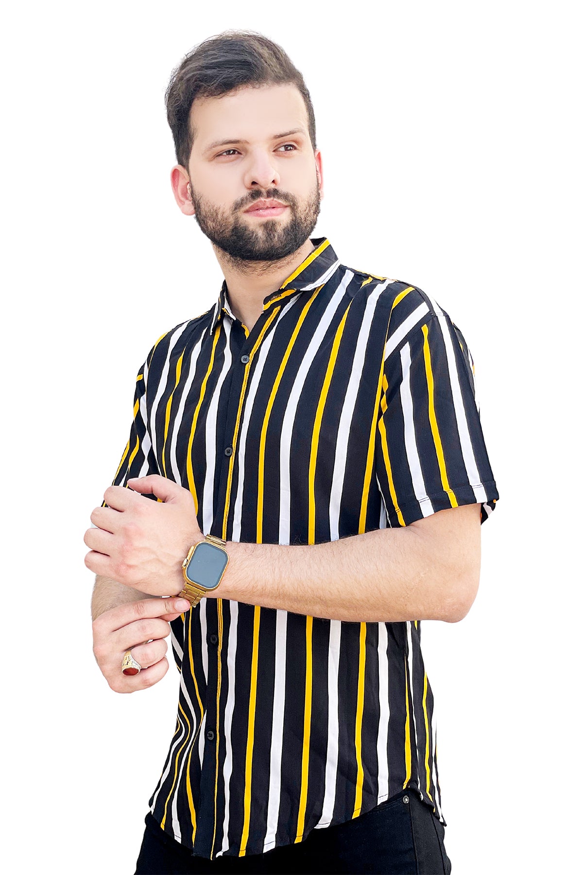 Black shirt yellow & white lining half sleeve shirt