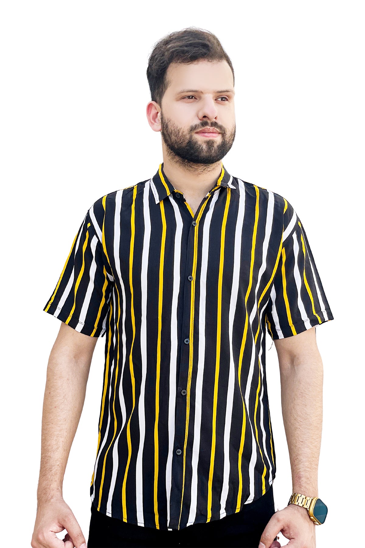 Black shirt yellow & white lining half sleeve shirt