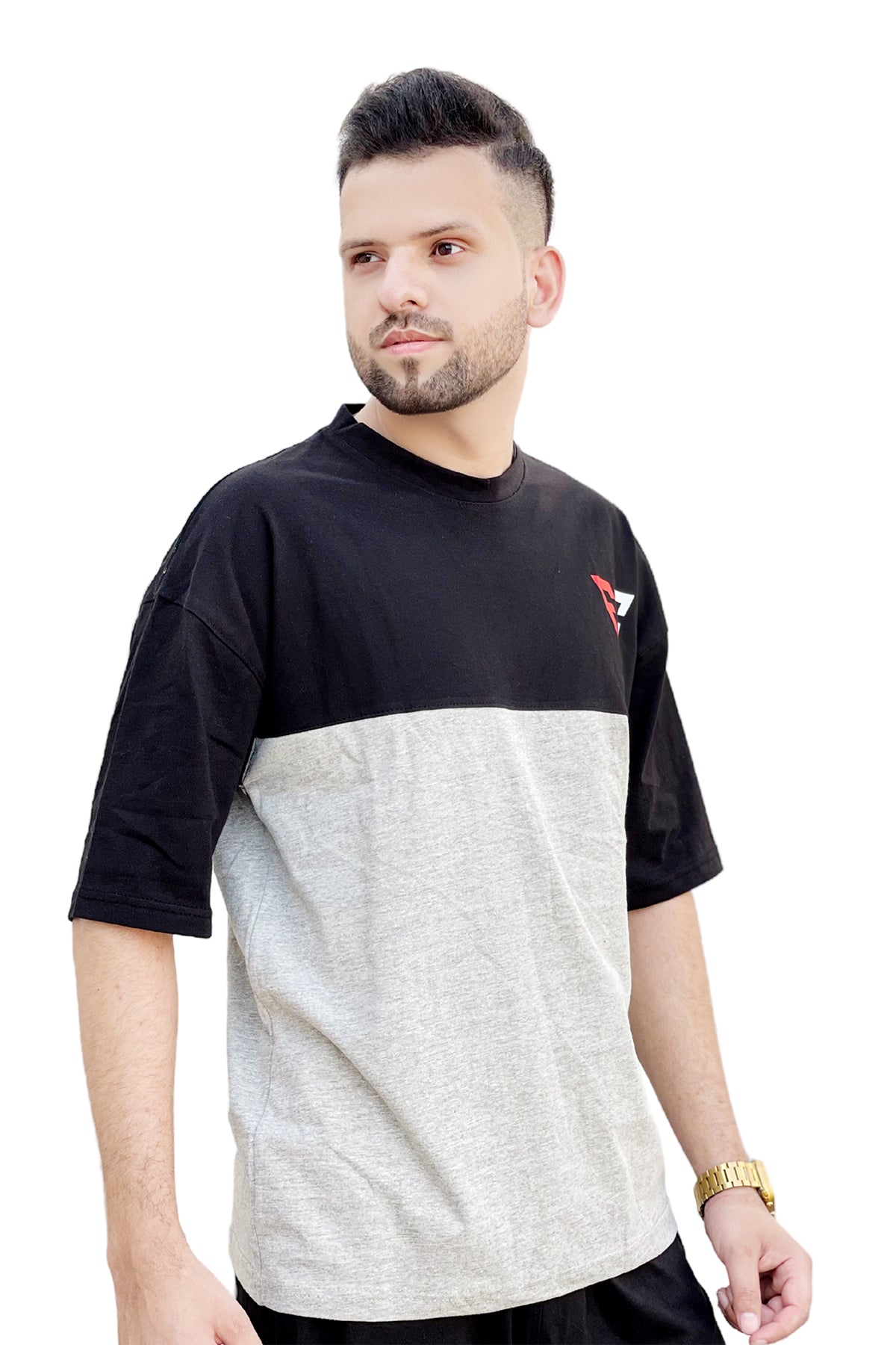 Black and Grey jersy fabric down shoulder T shirt