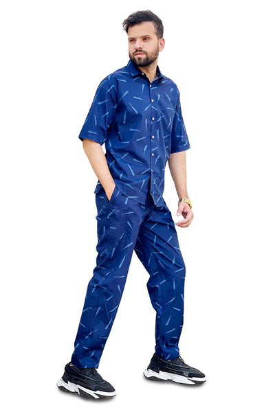 Blue line print cotton half sleeve tracksuit