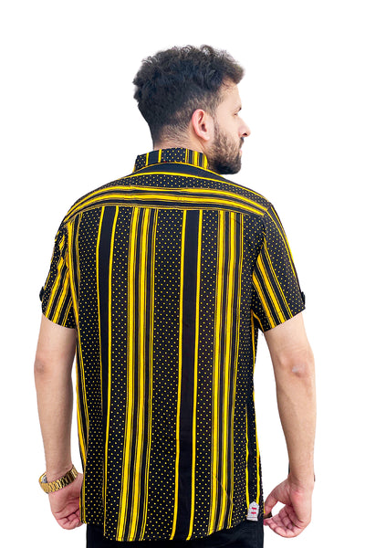 Black printed linen shirt half sleeve yellow lining