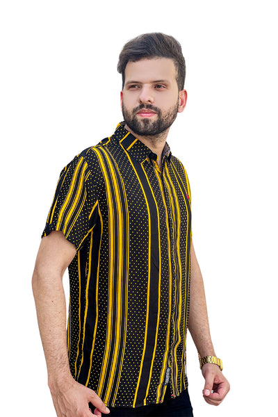 Black printed linen shirt half sleeve yellow lining