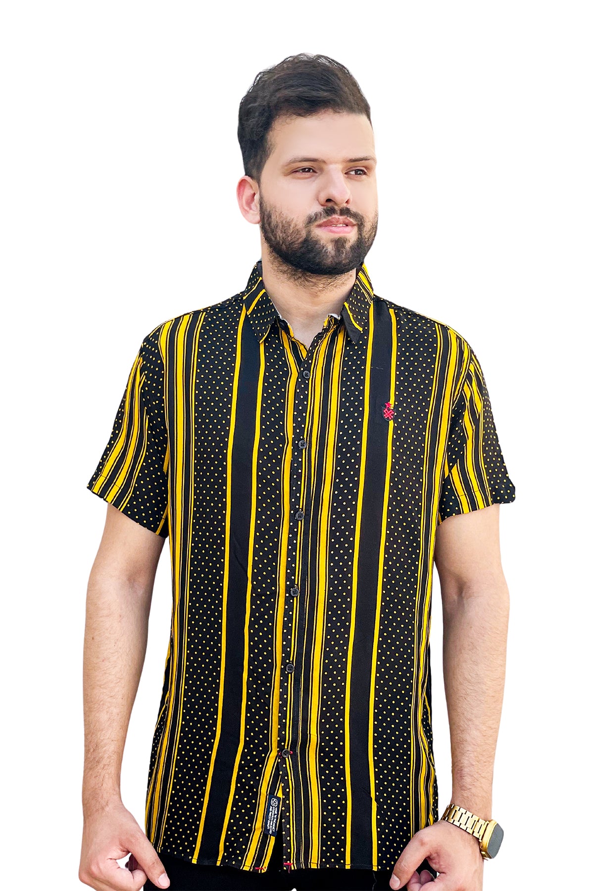 Black printed linen shirt half sleeve yellow lining