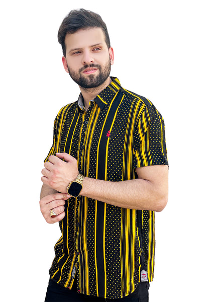 Black printed linen shirt half sleeve yellow lining