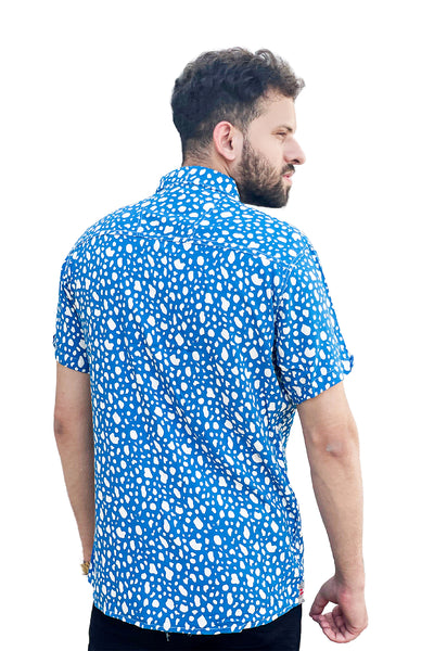 Blue stone texture linen printed half sleeve shirt