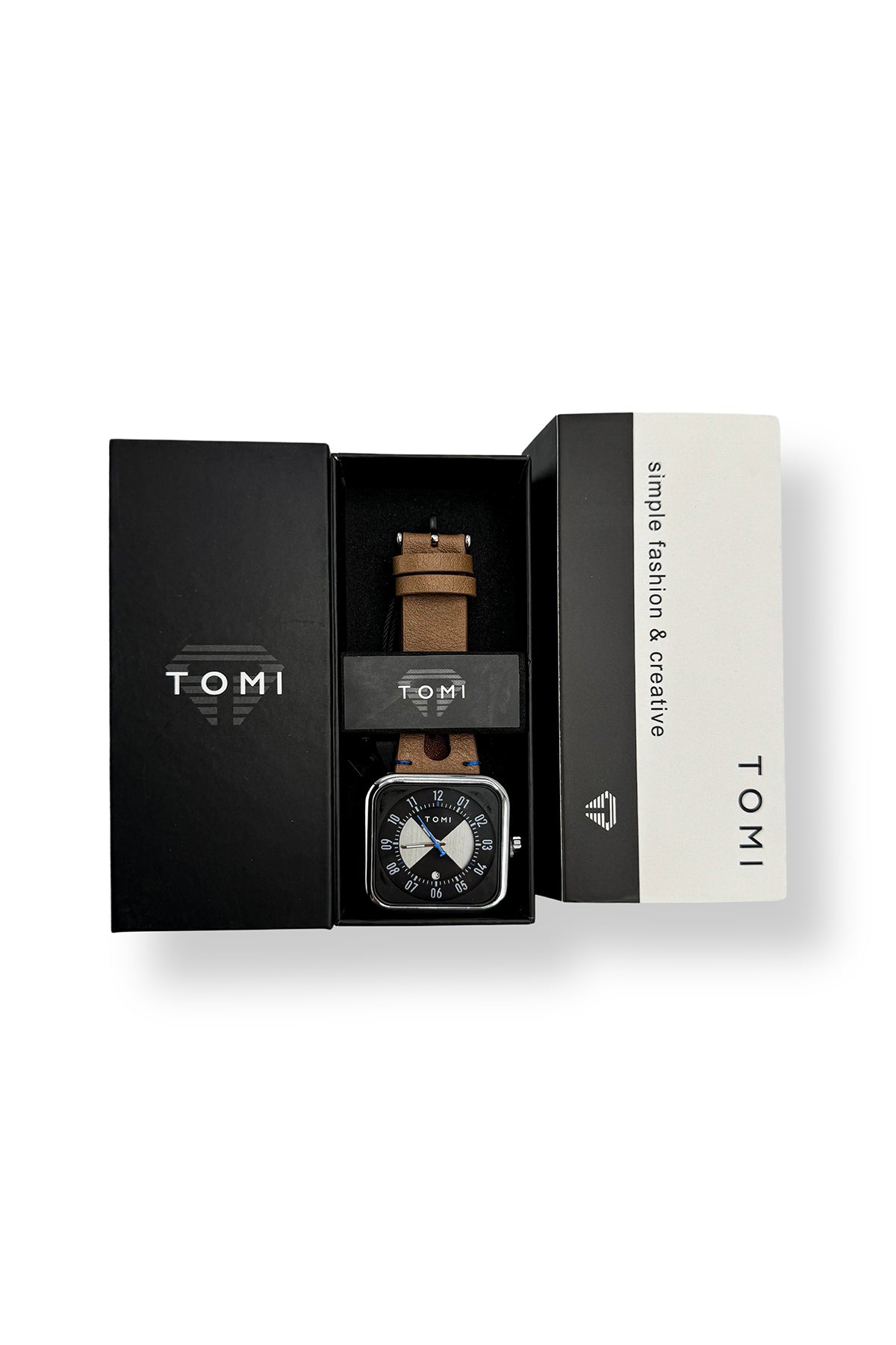 Tomi Square Premium Watch with Brown Cut Strap