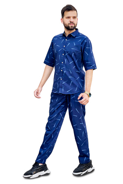 Blue line print cotton half sleeve tracksuit