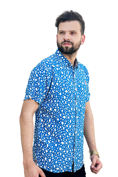 Blue stone texture linen printed half sleeve shirt