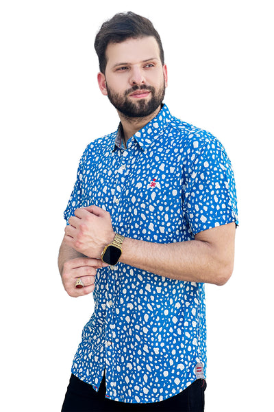 Blue stone texture linen printed half sleeve shirt