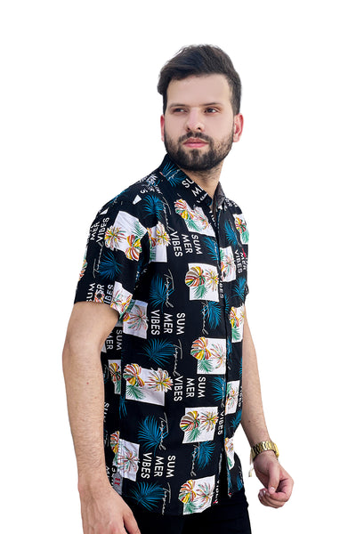 Black summer vibe printed linen half sleeve shirt