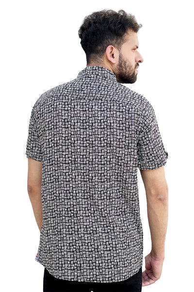 Black and white texture printed linen half sleeve shirt