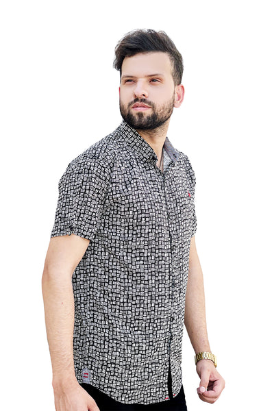 Black and white texture printed linen half sleeve shirt