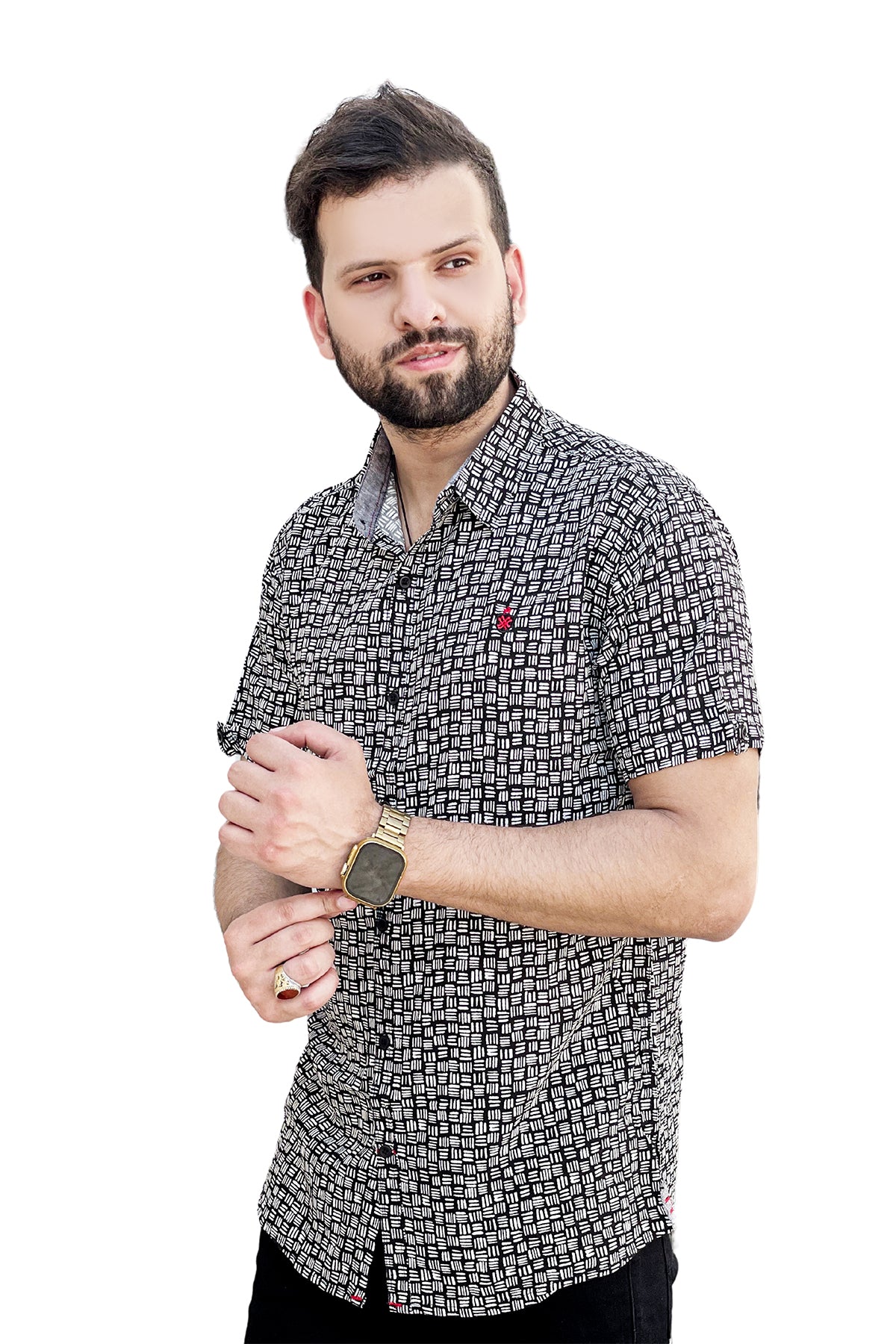 Black and white texture printed linen half sleeve shirt