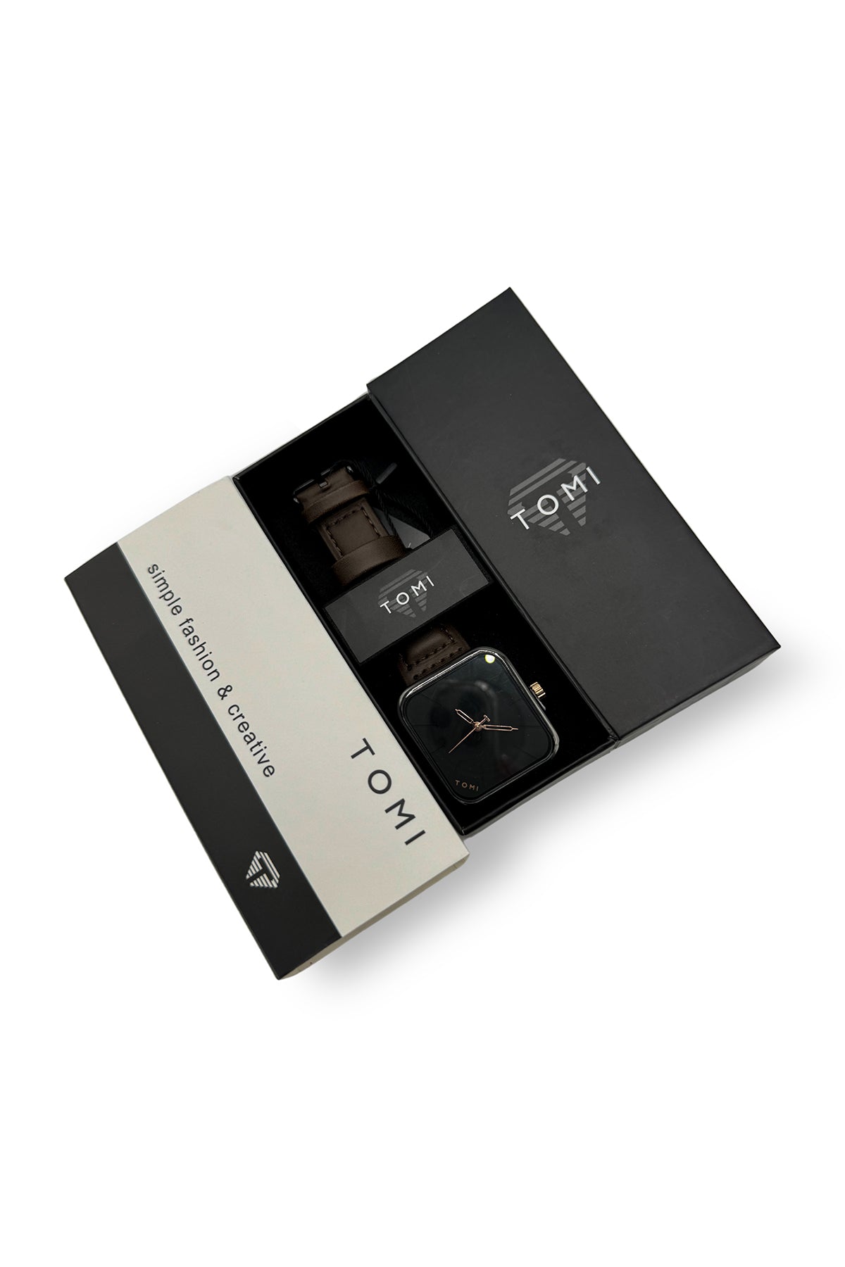 Tomi Square Black Dail Watch with Brown Strap