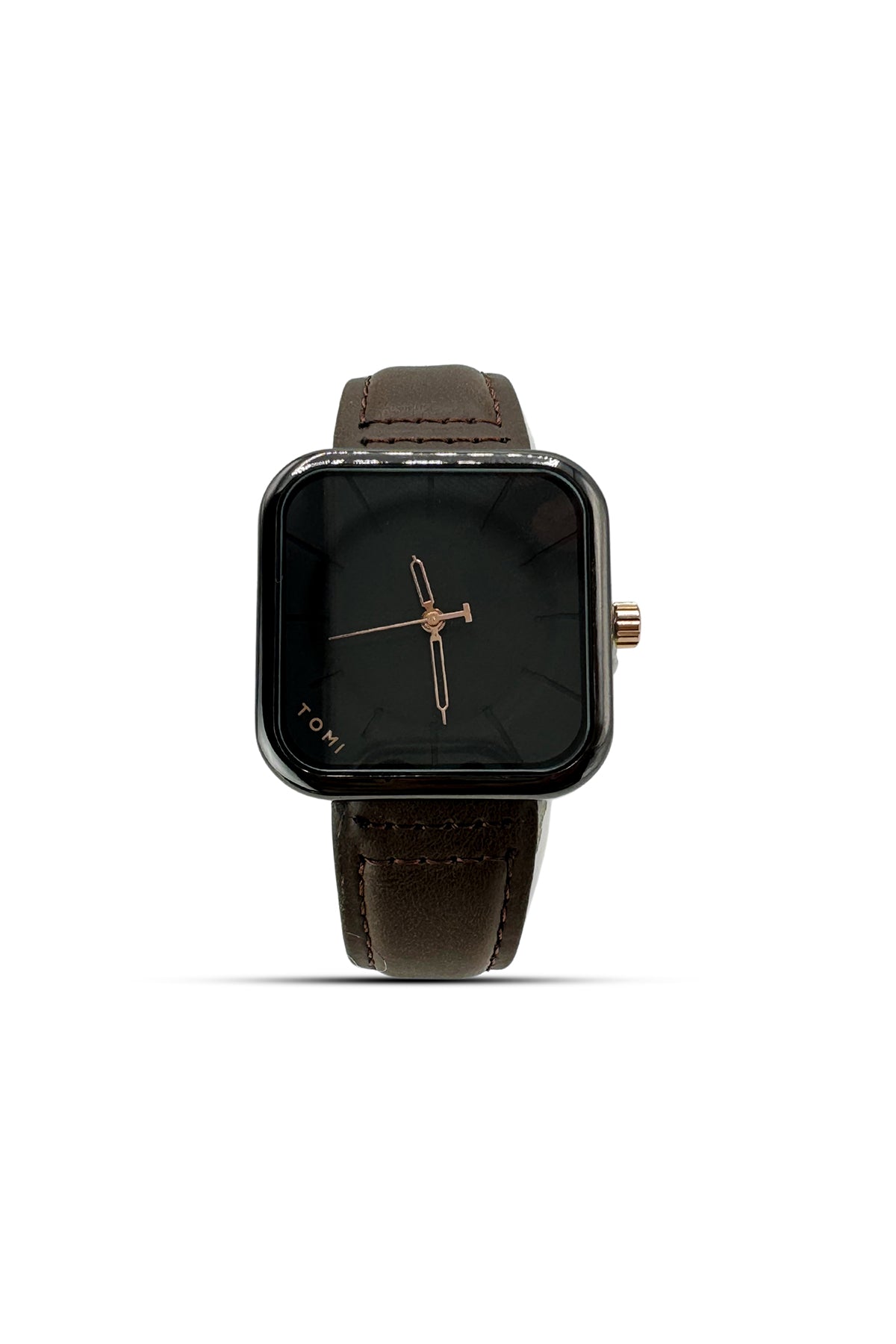 Tomi Square Black Dail Watch with Brown Strap