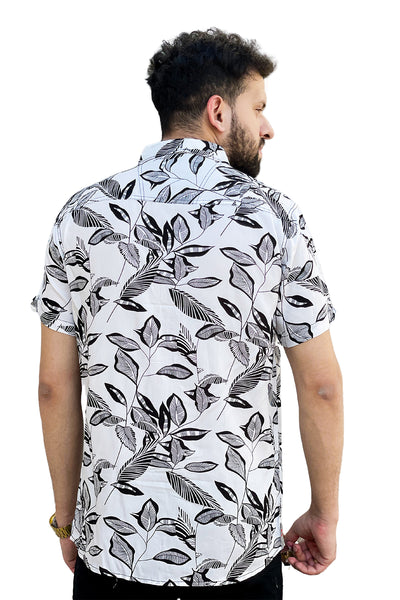 White leaves printed linen half sleeve shirt