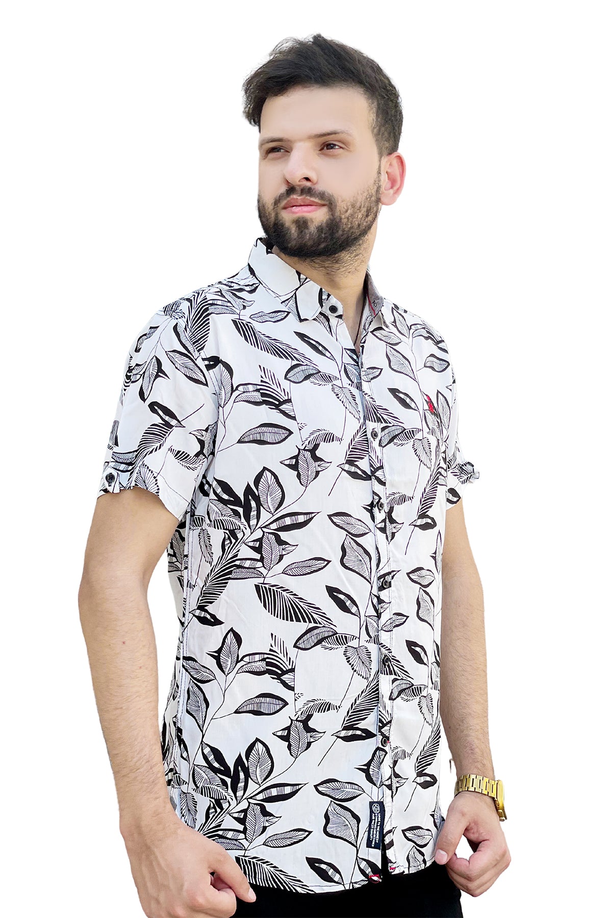 White leaves printed linen half sleeve shirt