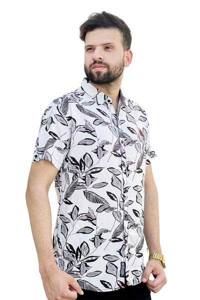 White leaves printed linen half sleeve shirt