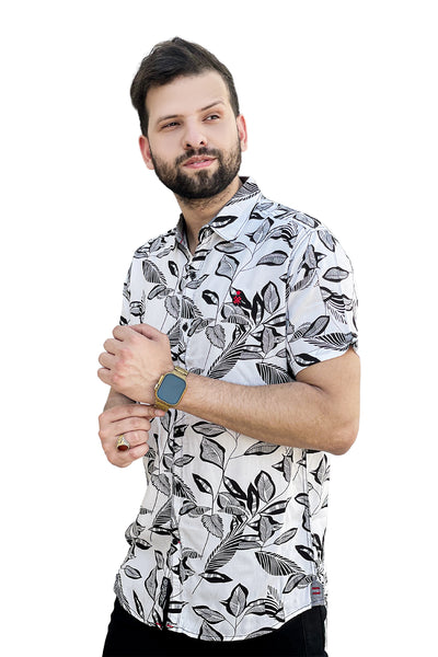 White leaves printed linen half sleeve shirt