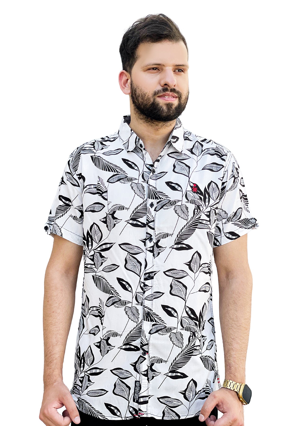 White leaves printed linen half sleeve shirt