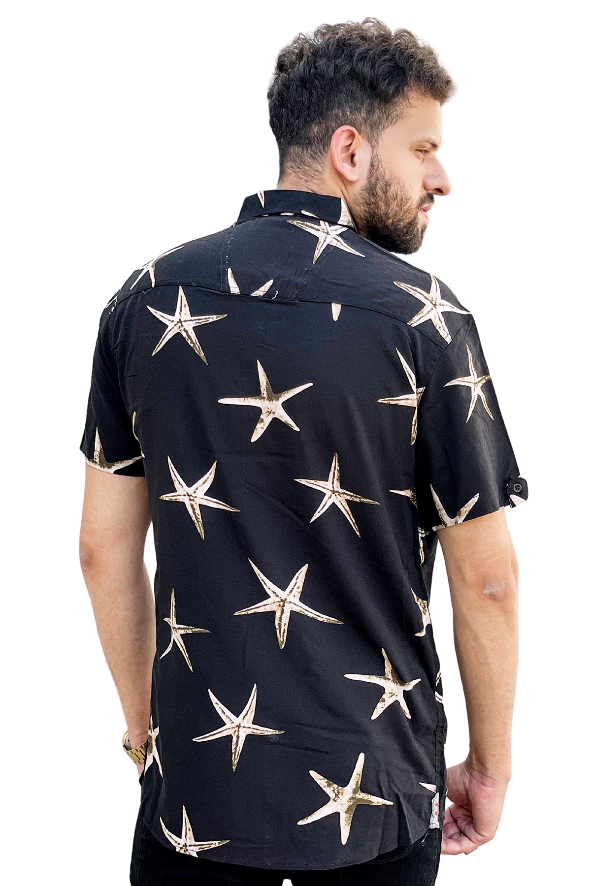 Black stars printed linen half sleeve shirt