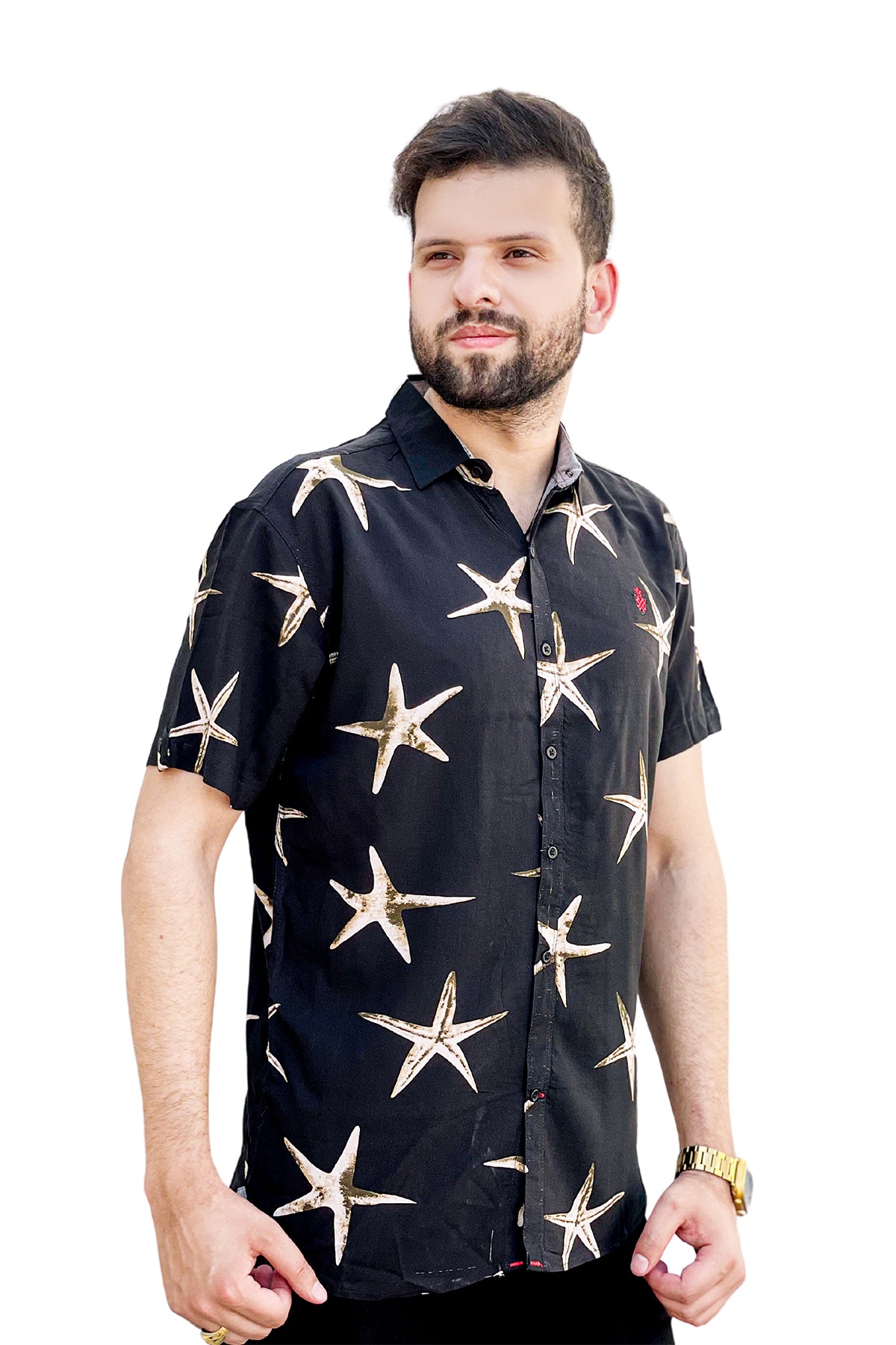 Black stars printed linen half sleeve shirt