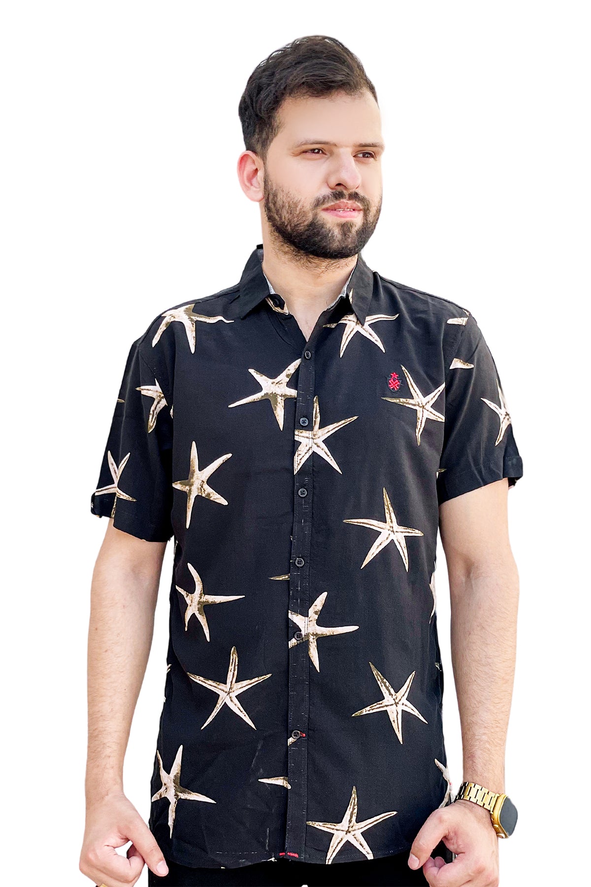 Black stars printed linen half sleeve shirt