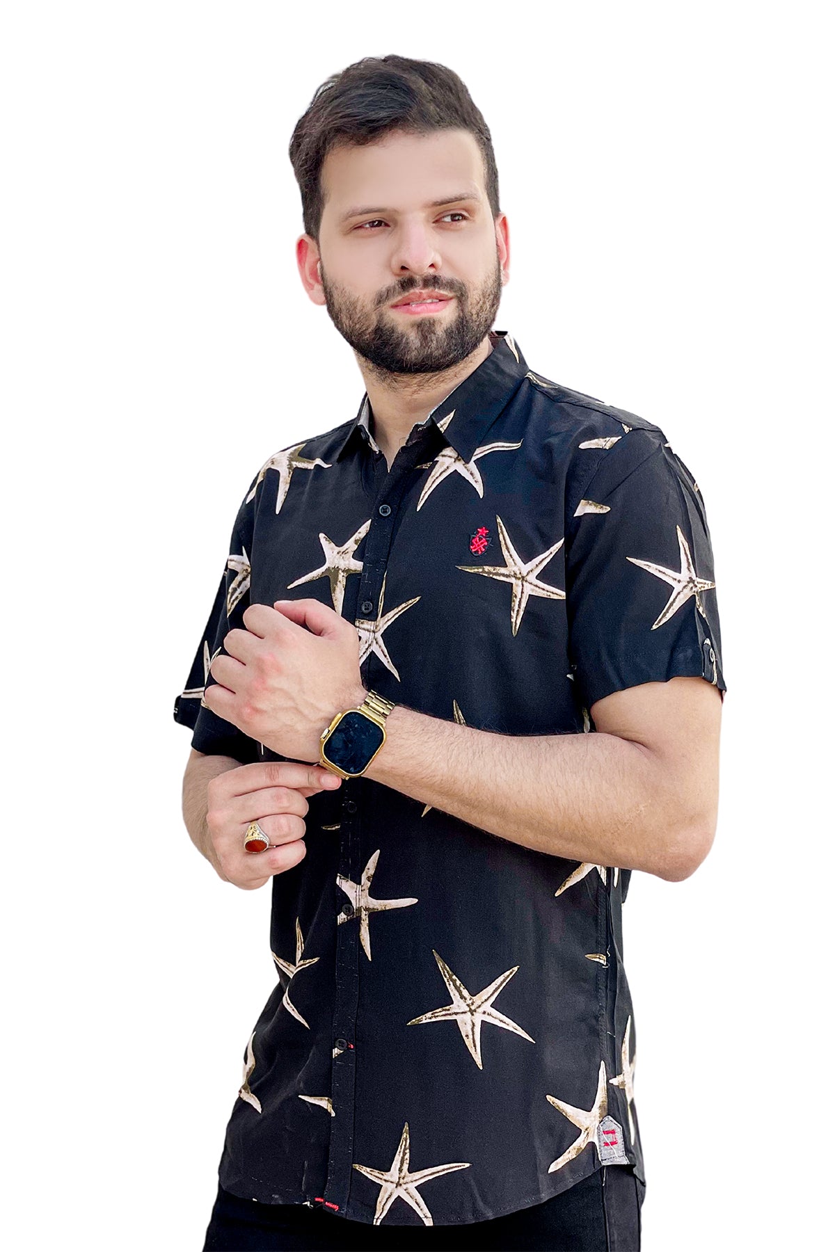 Black stars printed linen half sleeve shirt