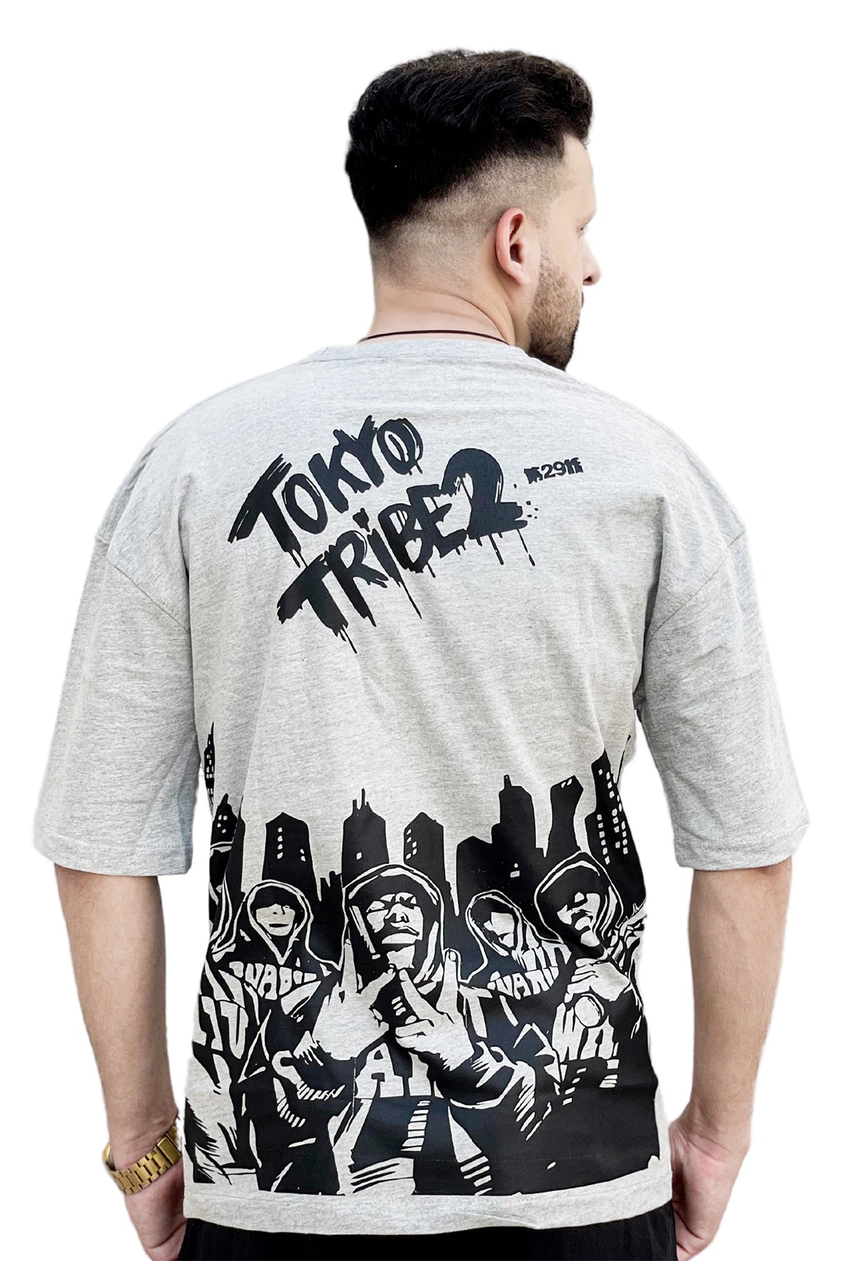 Grey Tokyo printed Down shoulder T shirt