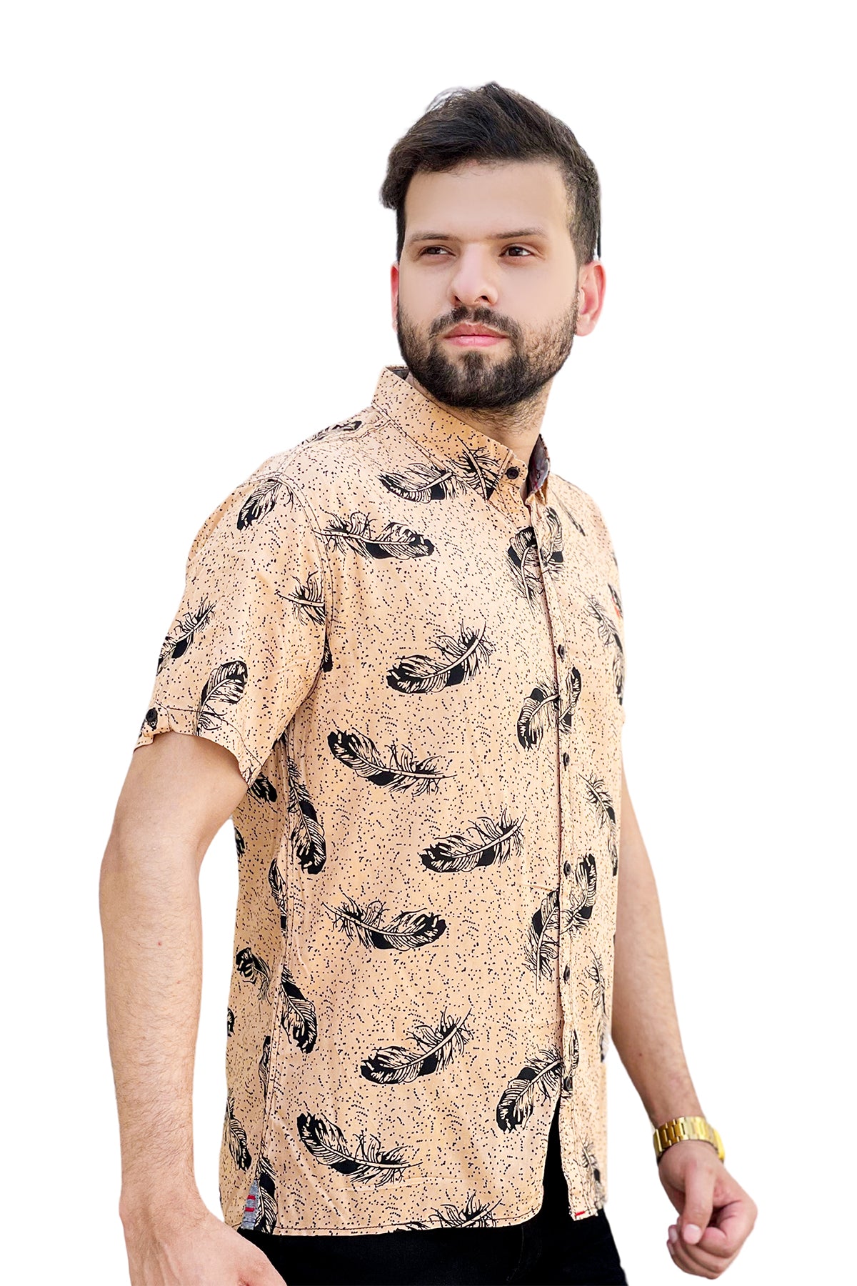 Skin leaves printed linen half sleeve shirt