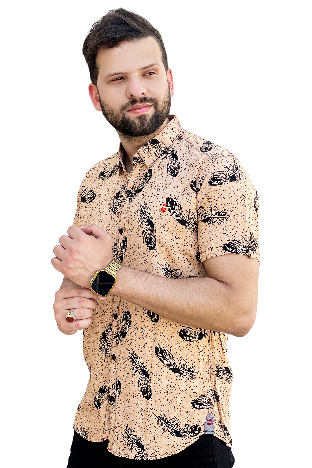 Skin leaves printed linen half sleeve shirt