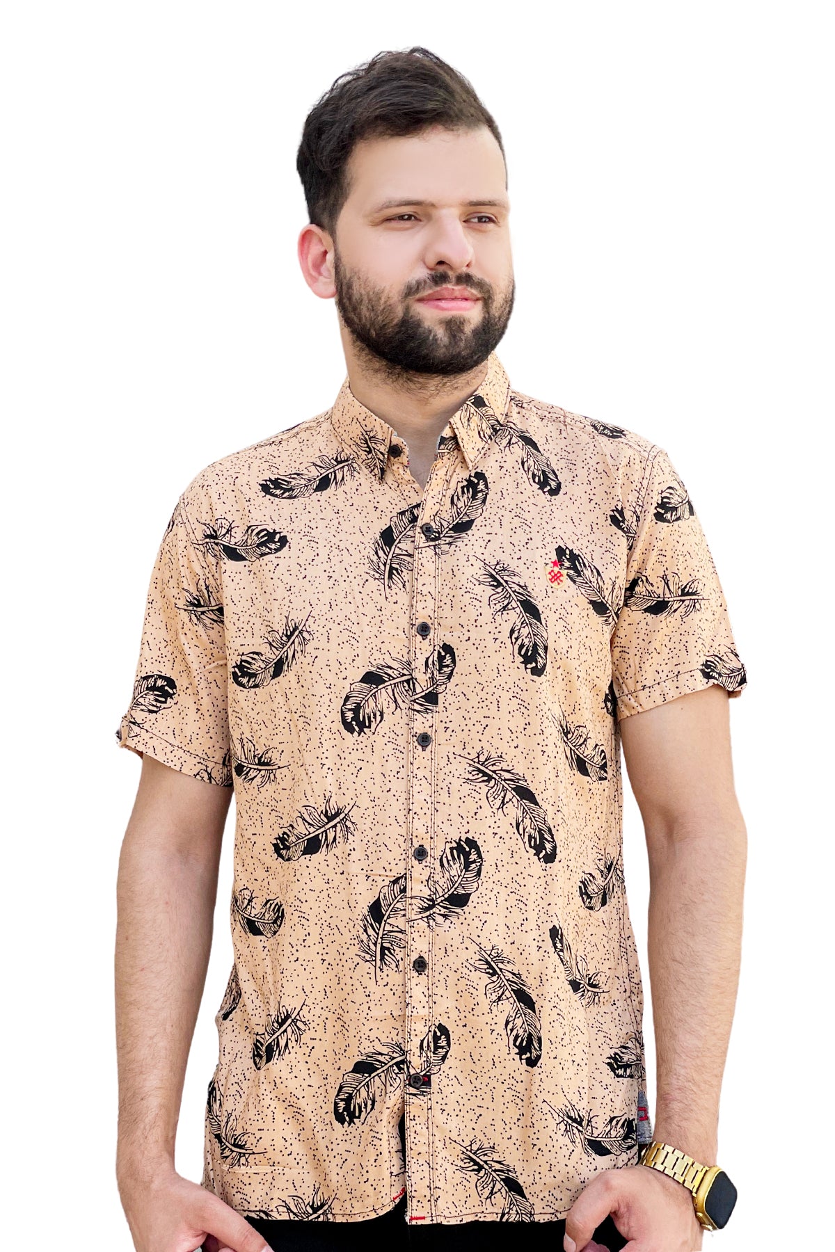 Skin leaves printed linen half sleeve shirt