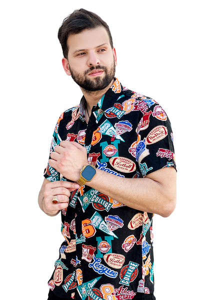 Black multi printed colorful linen half sleeve shirt