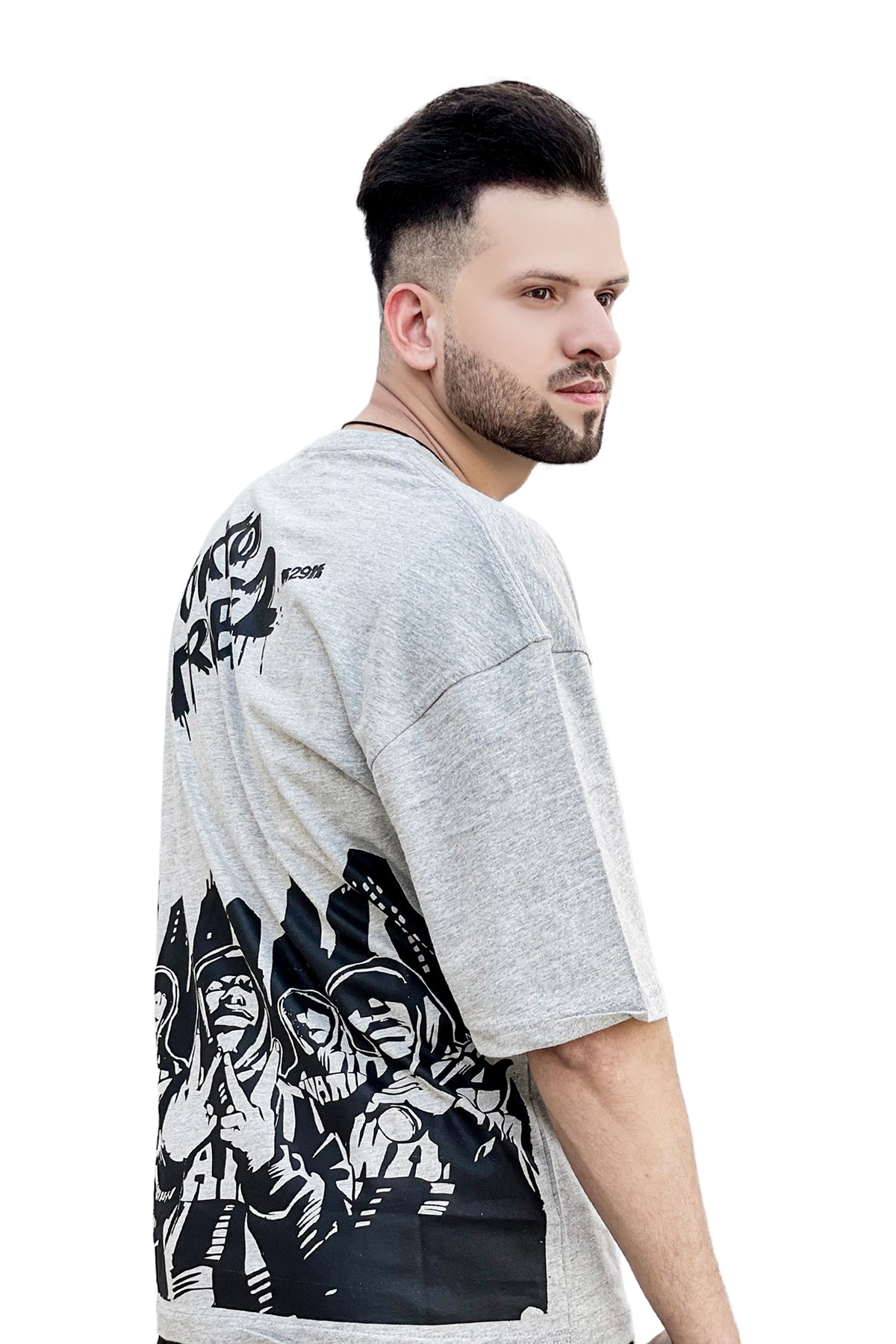 Grey Tokyo printed Down shoulder T shirt