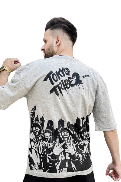 Grey Tokyo printed Down shoulder T shirt